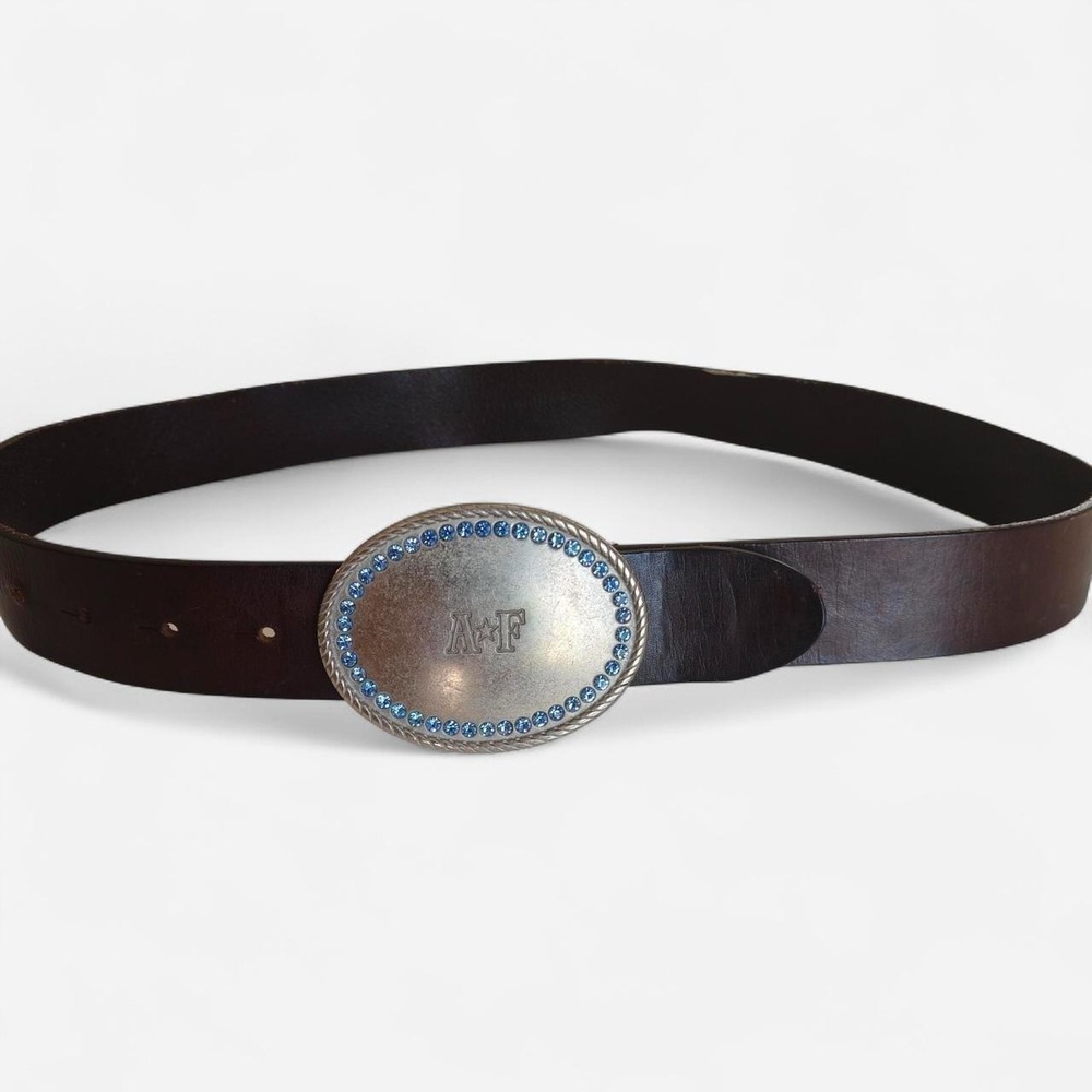 Abercrombie & Fitch Brown Leather Belt Blue Rhinestone Buckle Italy Y2K Medium